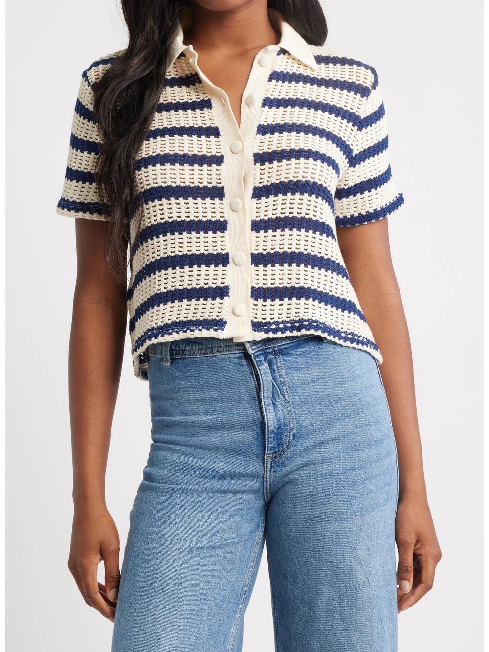 Mango Striped Knit Polo Top in Cream and Navy